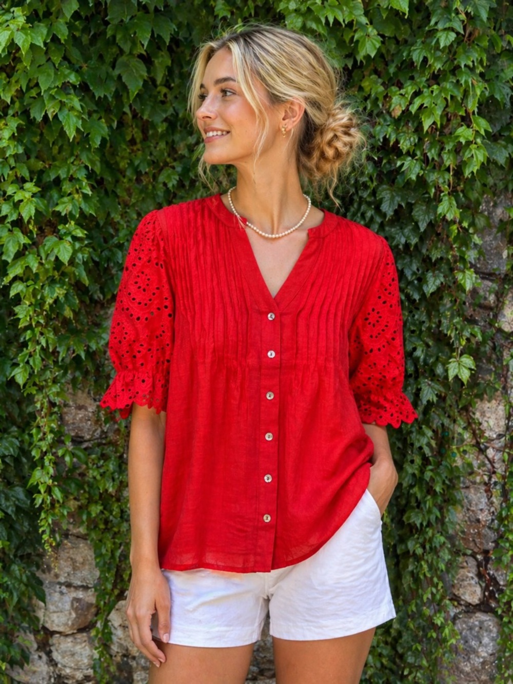 NANETTE LEPORE Red Eyelet Button Front Pintuck Pleat Blouse, M
